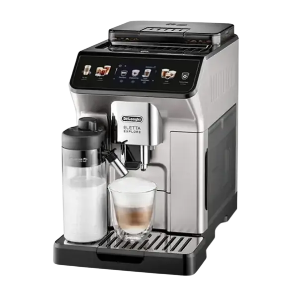 اسپرسوساز تمام اتوماتیک دلونگی سری Eletta Explore مدل ECAM450.65.S نقره ای با صفحه نمایش رنگی و مخزن فوم شیر