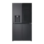 نمای روبروی یخچال ساید بای ساید اینستاویو ال جی مدل X24 رنگ مشکی دودی با پنل شیشه‌ای روشن در فروشگاه BNDX